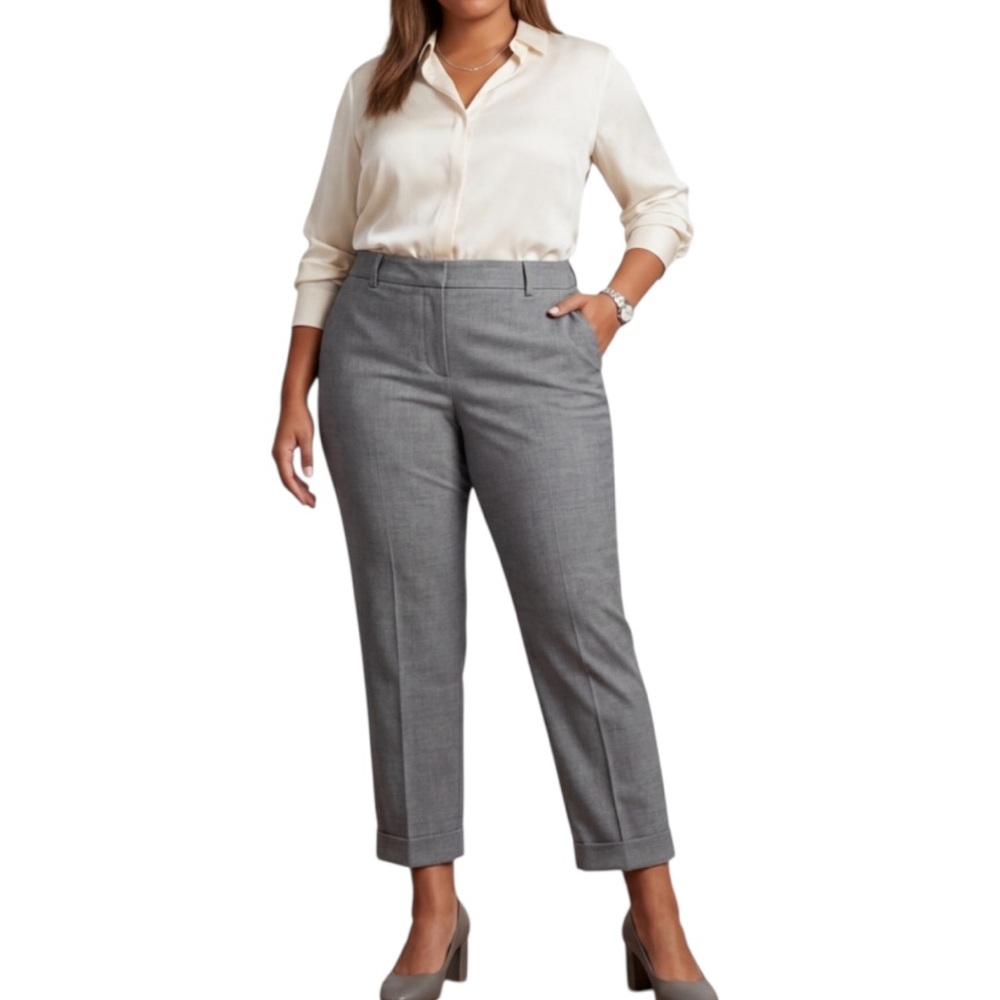 Eileen Fisher Gray Stretch Wool Cuffed Ankle Tapered Trouser Career Pant Size 14